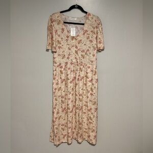 Lucky Brand Women Dress Maxi Size L Floral  V Neck Short Sleeves Pockets Rayon